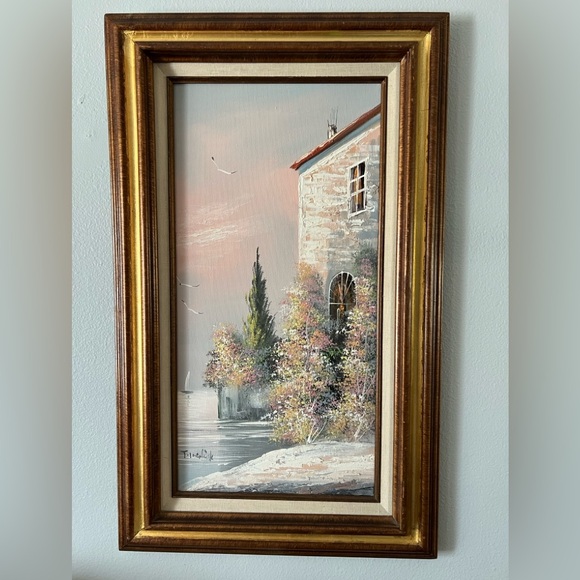 Vintage Other - Vtg Oceanside Villa Pastel Floral Oil Painting On Canvas Signed Wood Frame